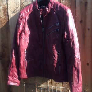 Deep red pleather faux leather men’s moto jacket